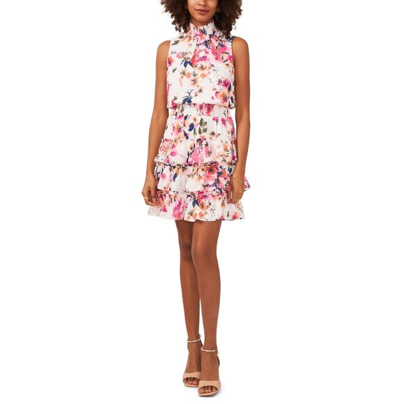 Sam And Jess Dresses & Skirts - Sam And Jess NWT Tiered Mini Dress Size L White Pink Peach Smocked Sleeveless 🌼